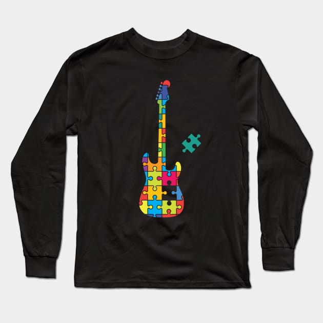 Color Puzzle S-Style Electric Guitar Silhouette Long Sleeve T-Shirt by nightsworthy